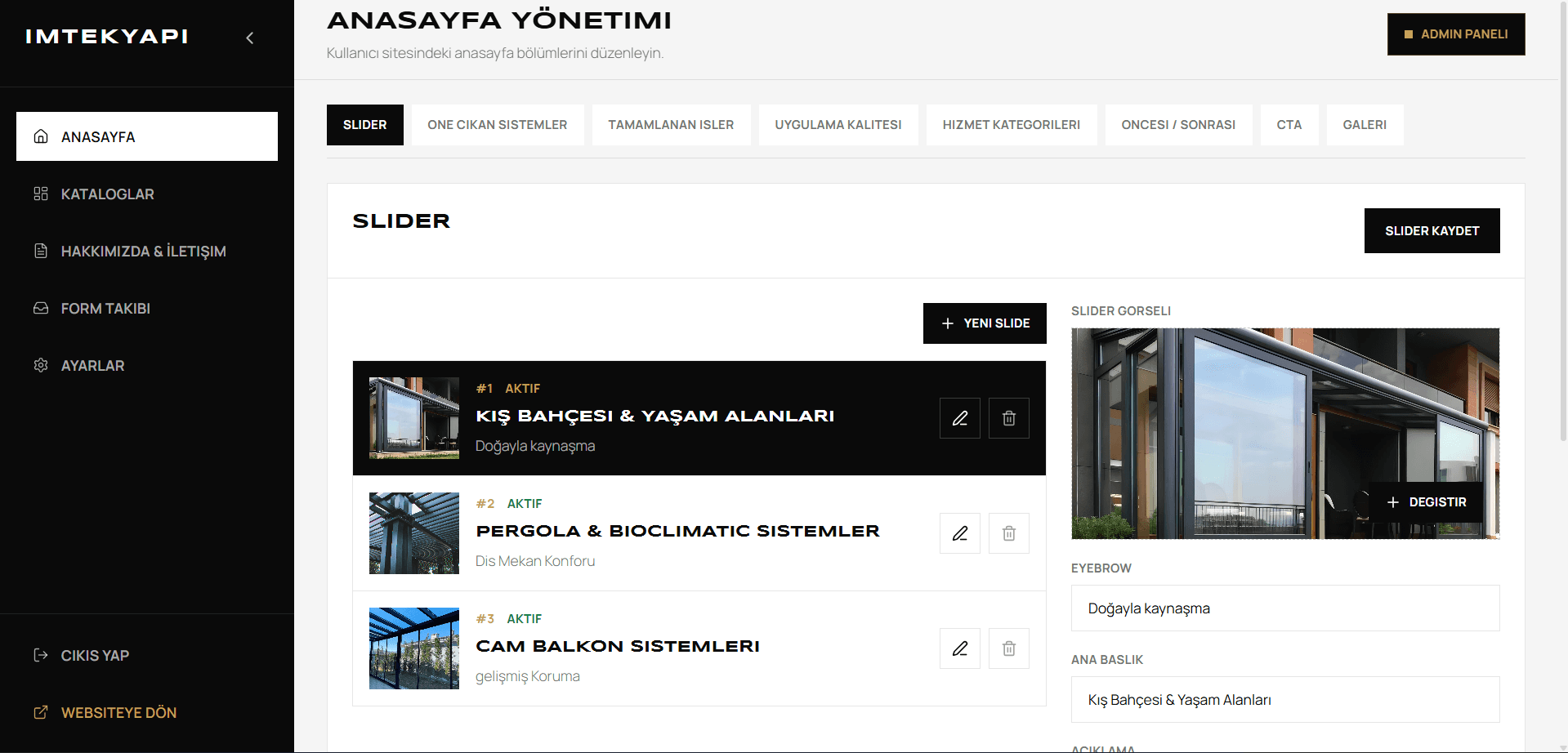 Admin, anasayfa yönetimi