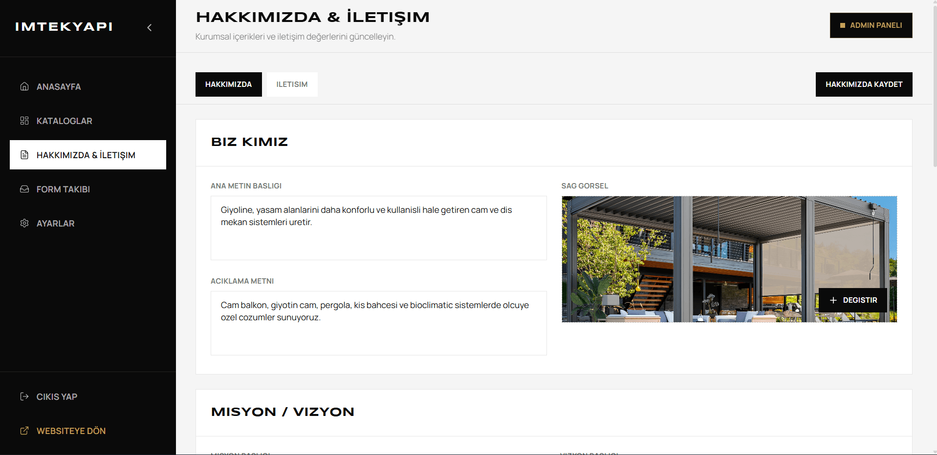 Admin, hakkımızda yönetimi